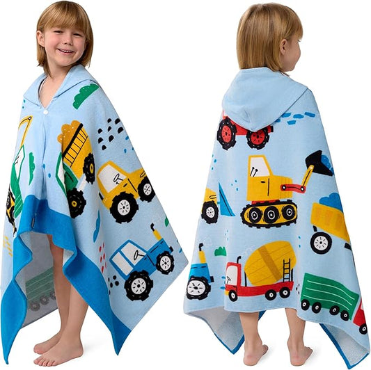 Joiedomi Hooded Towels for Kids Engineering Vehicle Print Soft 100% Cotton Kids Beach Towel 30" x 50" for 3-10 Years Boys Girls Beach Hooded Poncho Absorbent Pool Toddler Swim Bath Wrap