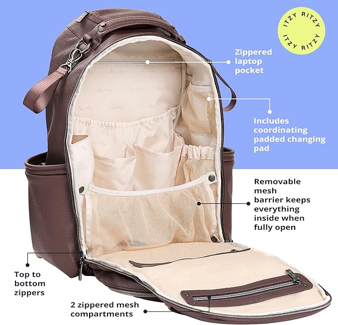 Itzy Ritzy Diaper Bag Backpack – Large Capacity Boss Plus Baby Backpack Diaper Bag Featuring 19 Pockets, Changing Pad, Stroller Clips, and Comfortable Straps (Espresso)