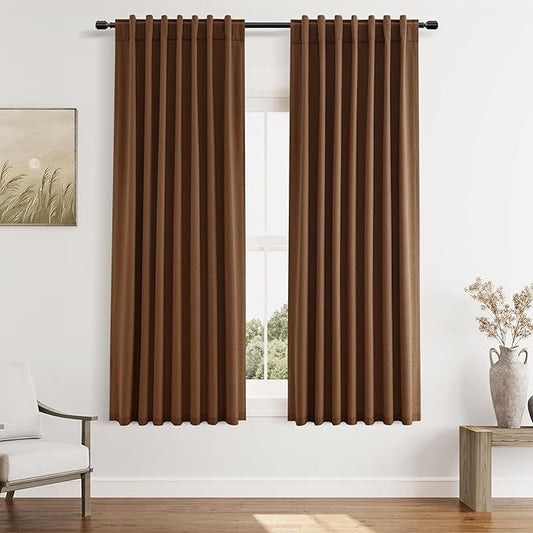 Guken 100% Blackout Linen Curtains 63 Inch Length 2 Panels Set for Living Room Bedroom Back Tab Thermal Insulated Black Out Linen Drapes Room Darkening Window Curtains,Caramel Brown