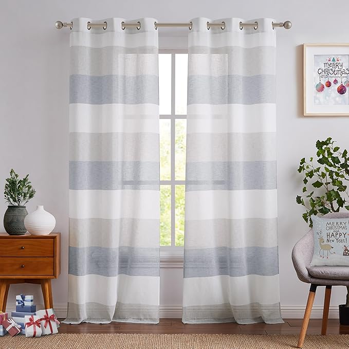 Central Park Gray and Smoke Blue Stripe Sheer Color Block Window Curtain Panel Linen Window Treatment for Bedroom Living Room Farmhouse 95 inches Long with Grommets, 2 Panel Rustic Drapes