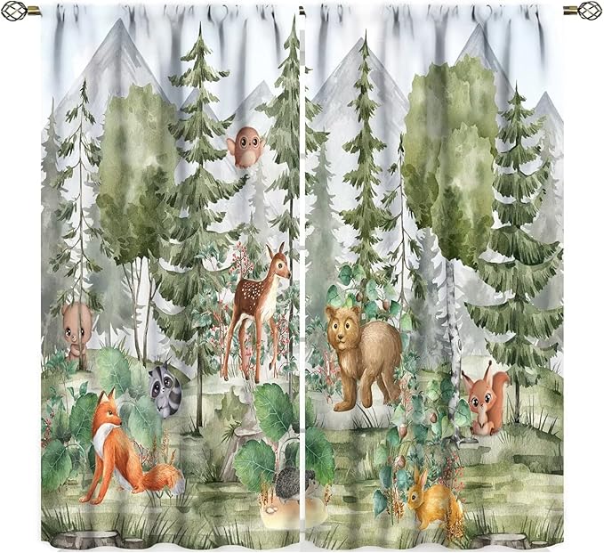 Kids Forest Animal Curtains,Fox Elk Bird Animal Watercolor Woodland Print Curtains Kids Nursery Bedroom Living Room Home Decoration 42x63 Inch