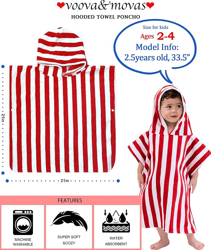 VOOVA & MOVAS Toddler Poncho Towels with Hood, Oversized (2-4Years,22"X22") Made from 100% Soft Cotton,Absorbent Hooded Towels for Baby Girls,Perfect for Pool | Swimming | Bath | Beach,Red Stripe
