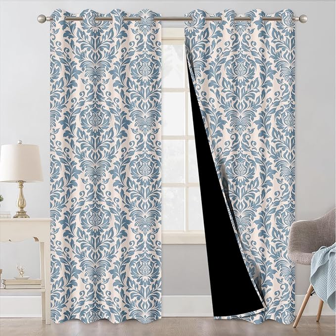 Bedroom Curtains 84 Inches Long, Blackout Curtains for Living Room Darkening, Vintage Damask Pattern Blue Curtain 2 Panels Set, Grommet Thermal Privacy Black Out Window Drapes for Bedroom Nursery