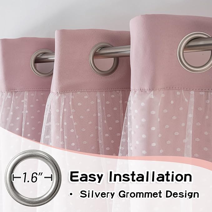MYSKY HOME Pink Curtains for Girls Bedroom for Small Windows 54 Inch Long Nursery Kids Short Blush Princess Blackout Curtains with Polka Dots Sheer, Grommet Tops, 52" Wide, 2 Panels
