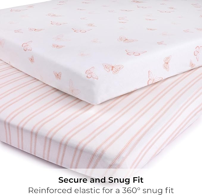 Ely's & Co. Pack and Play Sheets, for Mini/Portable Crib, 2 Pack Fitted Playpen Play Yard Sheet Set Compatible with Graco Pack n Play, for Baby Girls, 100% Cotton, 38”x24”x5” Pink Butterfly + Stripes