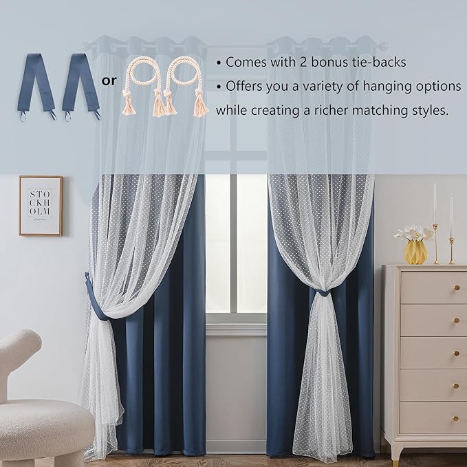 MYSKY HOME Navy Blue Blackout Curtains for Girls Bedroom & Nursery Kids Cute Curtains Double Layer with Polka Dots Sheer, Grommet Tops, 52x84 Inch Each Panel, 2 Panels