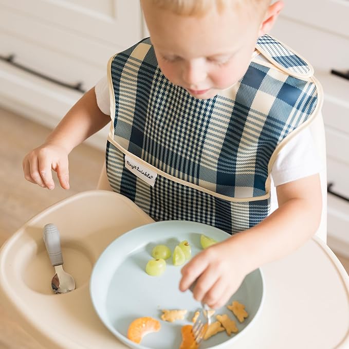 Tiny Twinkle Mess-Proof Baby Bibs for Eating | Waterproof, Wipeable Toddler Bibs with Catch-All Pocket | Feeding Bibs for Girls & Boys(3 Pack,Gingham,Grid)