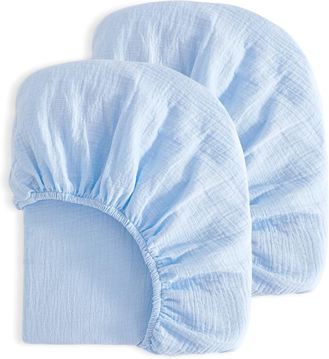 NTBAY 2 Pack Muslin Cotton Mini Crib Sheets, Soft and Breathable Double Layer 24x38 Baby Crib Sheets for Mini Crib and Toddler Mattresses, Boys, Girls, Unisex, Aqua, 24x38 Inches