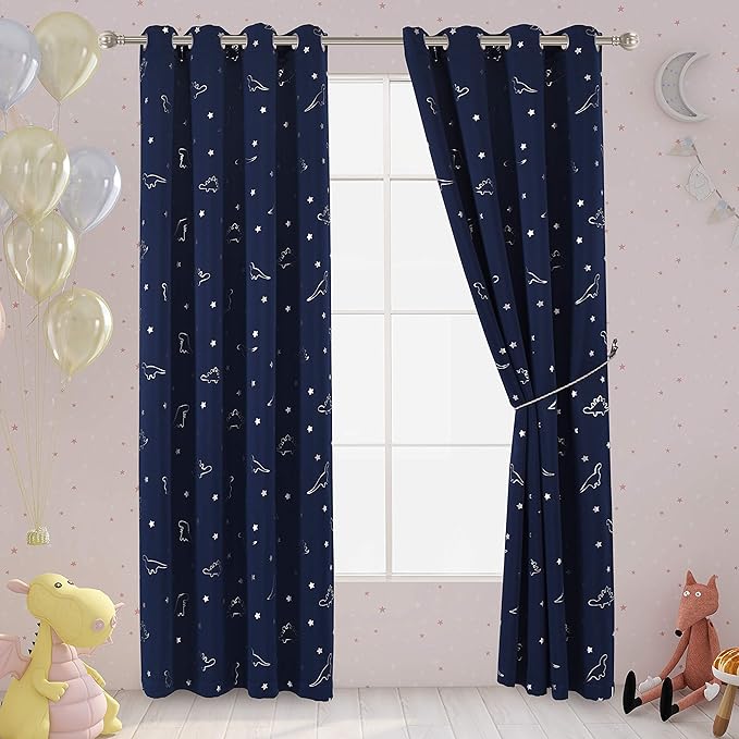 LORDTEX Dinosaur and Star Foil Print Blackout Curtains for Kids Room - Thermal Insulated Curtains Noise Reducing Window Drapes for Boys and Girls Bedroom, 52 x 108 Inch, Navy, Set of 2 Panels