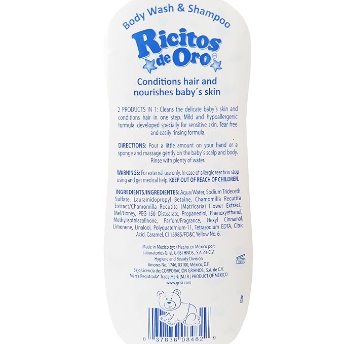 Ricitos de Oro 2-in-1 Baby Hair & Body Wash, Hypoallergenic Tear Free Body Wash and Shampoo with Chamomile and Honey; 13.5 Fl Oz