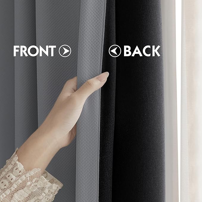 FMFUNCTEX 100% Dark Grey Blackout Curtains for Living Room, Curtains 72 Inches Long Weave Textured Thermal Insulated Curtains for Bedroom, Black Out Drapery Grommet Room Darkening 2 Panels
