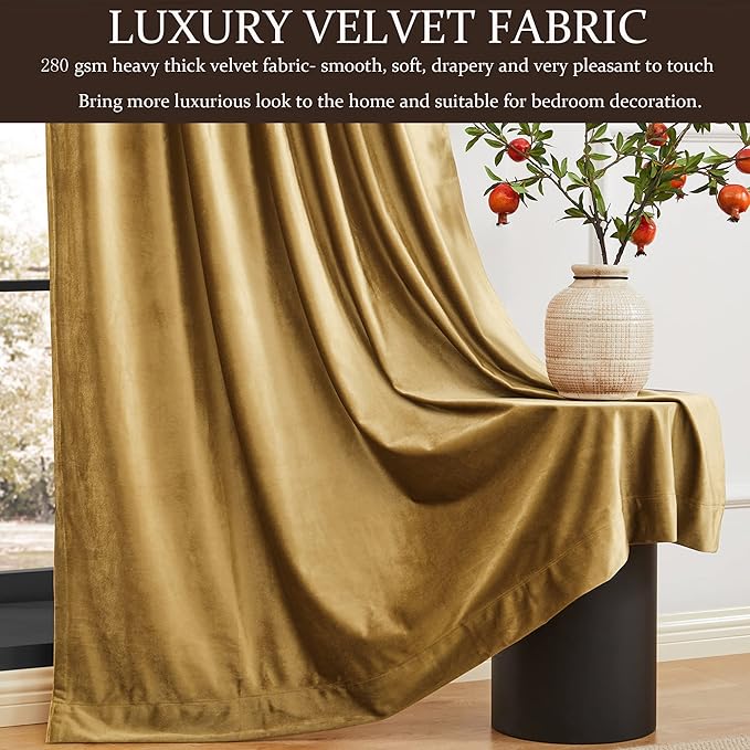 100% Full Blackout Golden Velvet Curtains 63 inch Long for Living Room,Set of 2 Panels Liner Rod Pocket Back Tab Thermal Window Curtains Room Darkening Heavy Decorative Curtains Drapes for Bedroom