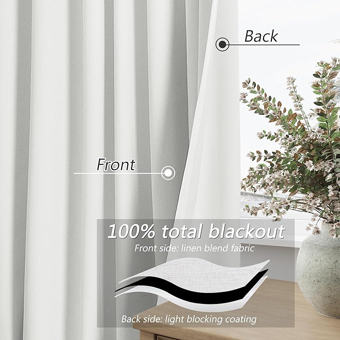 Guken White 100% Blackout Linen Curtains 63 Inch Length 2 Panels Set for Living Room Bedroom Back Tab Thermal Insulated Black Out Linen Drapes Room Darkening Window Curtains