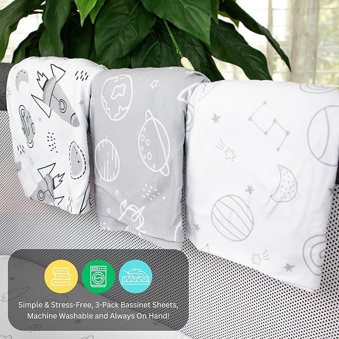 Bassinet Sheets for Papablic, CoZee, Cowiewie, Ezebaby, Nawahev Baby Bassinet Bedside Sleeper by TansyPanda, 3PC, 33x20, Ultra Soft, Breathable Snug Fit, Unisex Boys Girls, Gray White (Space Rockets)