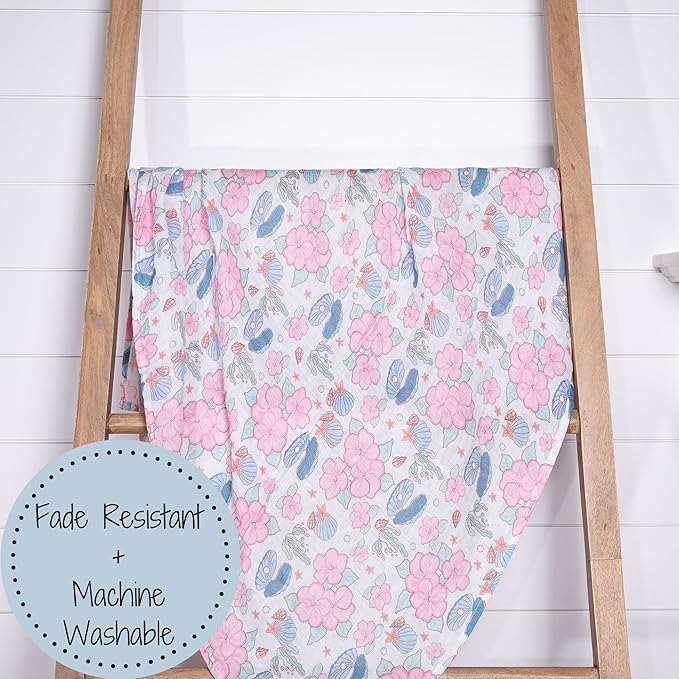 LollyBanks Baby Swaddle Blanket for Girls, 100% Cotton Soft and Breathable Muslin Swaddle Blanket 47 x 47 Inches, Lightweight Newborn Blankets, Baby Essentials Must Haves (Clams Flower Print)