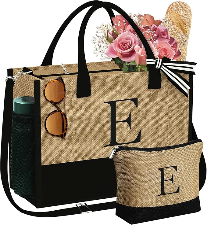 YOOLIFE Valentines Day Gifts for Her - Initial Jute Tote Bag & Makeup Bag, Birthday Gifts for Women Teacher Mom Wife Friend