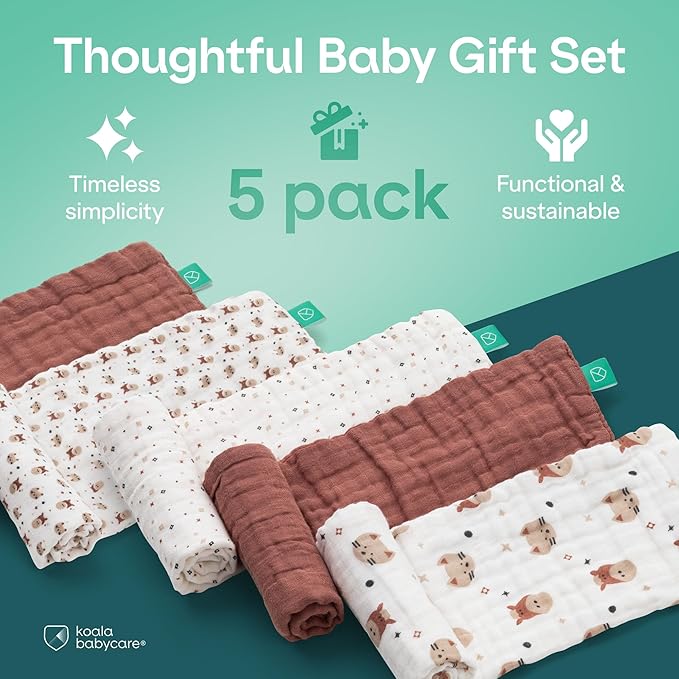 Koala Babycare 5 Pack 20"x10" Muslin Burp Cloths for Baby Boys and Girls - GOTS & Oeko-TEX Cotton Burp Rags for Newborns - Absorbent Neutral Burping Cloths for Feeding - Washable Baby Bibs Essentials