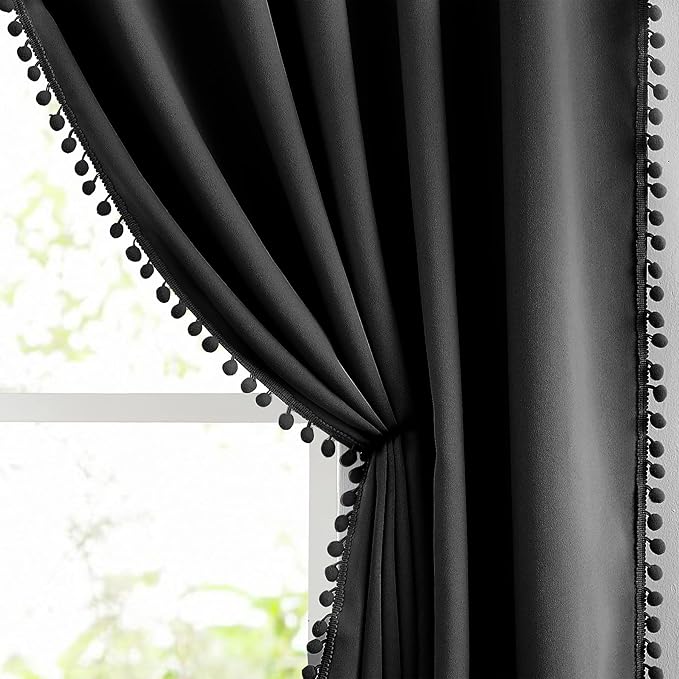 Treatmentex Pom Pom Black Blackout Curtains for Bedroom 63 inch Long Thermal Insulated 100 Full Blackout Window Panels for Living Room Drapes Nursery Kids Guest Room 52" w x2 Panels Rod Pocket