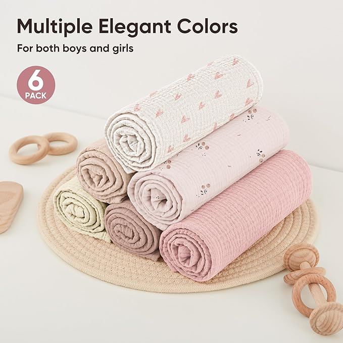 Bearmoss 100% Cotton Muslin Burp Cloths, 6 Pack Absorbent Large Baby Burping Cloths for Boy, Girl, 23.6" X 23.6" Newborn Essentials (Pink Print)