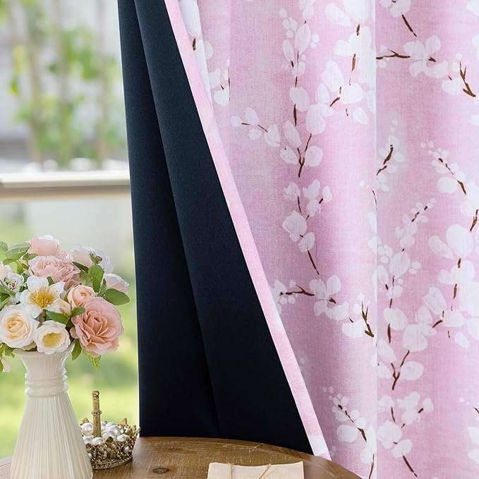 FMFUNCTEX 100% Blackout Floral Curtains for Bedroom, Pink Curtains 63 inch Length Blossom Flower Patterned for Living Room, Thermal Insulated Nursery Drapes, Grommet Top 2 Panels (White on Pink)