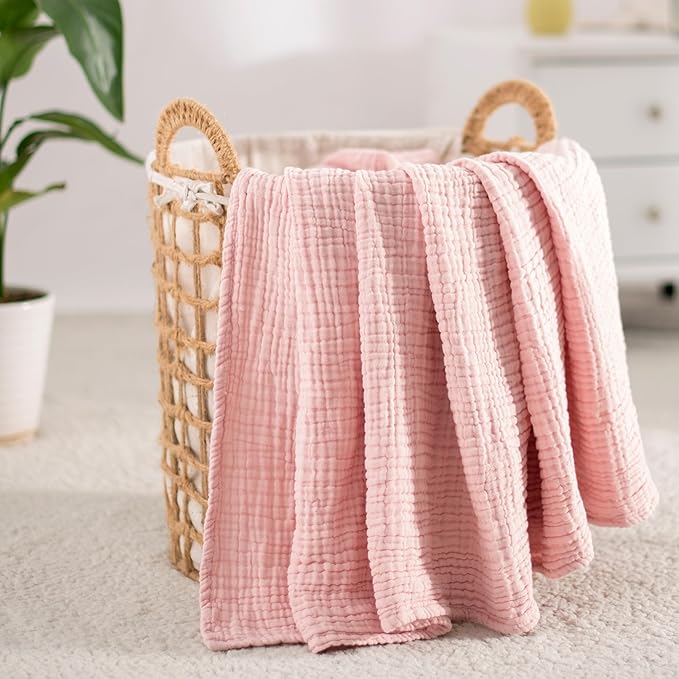 Carriediosa 100% Cotton Muslin Throw Blanket 50" X 70" Throw XL Size，4-Layers Summer Gauze Throws for Bed Couch，Soft Lightweight Breathable Linen Blankets Bedspread for Adults All Season，Dusty Pink
