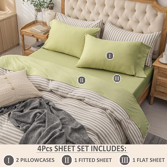 PURE ERA Jersey Knit 4pc Bed Sheet Set 100% T-Shirt Cotton Super Soft Comfy Breathable Fits Mattress Up to 20" Extra Deep Pocket (Solid Mocha Green, Queen)