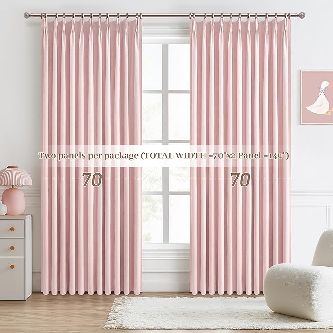 Baby Pink Blackout Curtains 70 Inches Extra Wide Pinch Pleated for Grils Bedroom 2 Panels Set,Cute Viral 70 Inch Curtain for Sliding Glass Doors Thermal Large Window Heavy Drapes (W70xL96x 2 Panels)