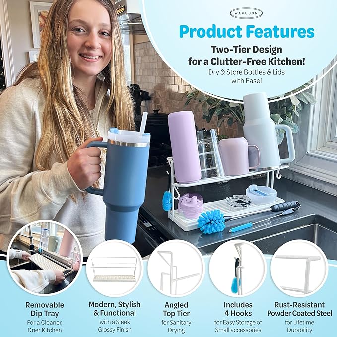 WAKUBON Bottle Drying Rack for Kitchen Countertop - Two-Tier for Water Bottles and Tumblers, Space-Saving Storage Stand with Drainage Tray, Includes Water Bottle Drying Rack Brush Cleaning Set (White)