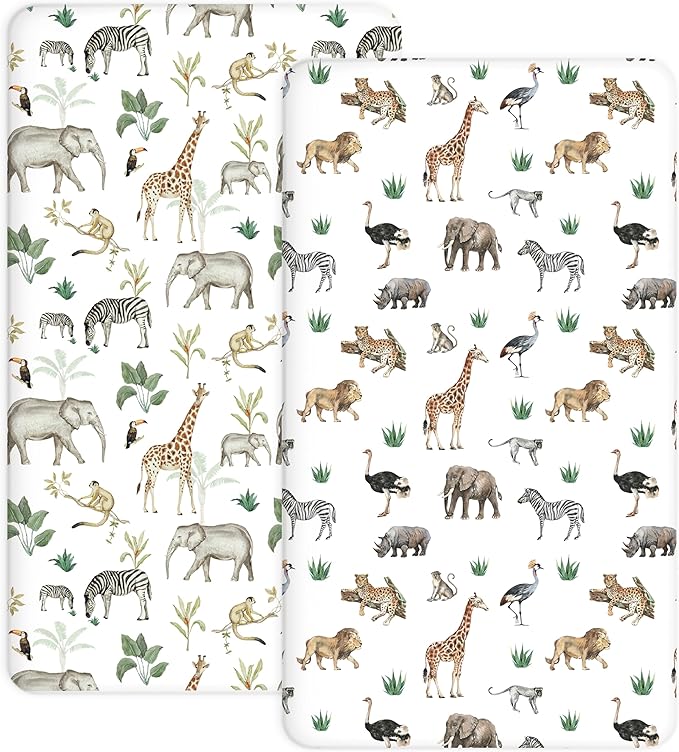Pack and Play Sheets 2 Pack, Fitted Jersey Knit Mini Crib Sheets for Baby Boys and Girls, Compatible with Graco Pack N Play and Mini Crib Mattress (Jungle Journey, Pack N Play/Mini Crib Sheets)