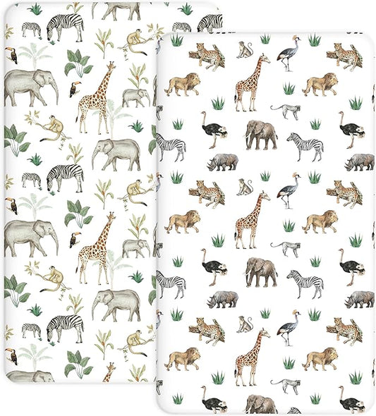 Pack and Play Sheets 2 Pack, Fitted Jersey Knit Mini Crib Sheets for Baby Boys and Girls, Compatible with Graco Pack N Play and Mini Crib Mattress (Jungle Journey, Pack N Play/Mini Crib Sheets)