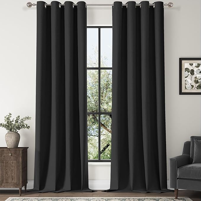 ChrisDowa 100% Blackout Linen Curtains 90 Inches Long 2 Panels for Bedroom Living Room Farmhouse Room Darkening Thermal Insulated Soundproof Grommet Top Window Treatment Drapes(52x90,Black)