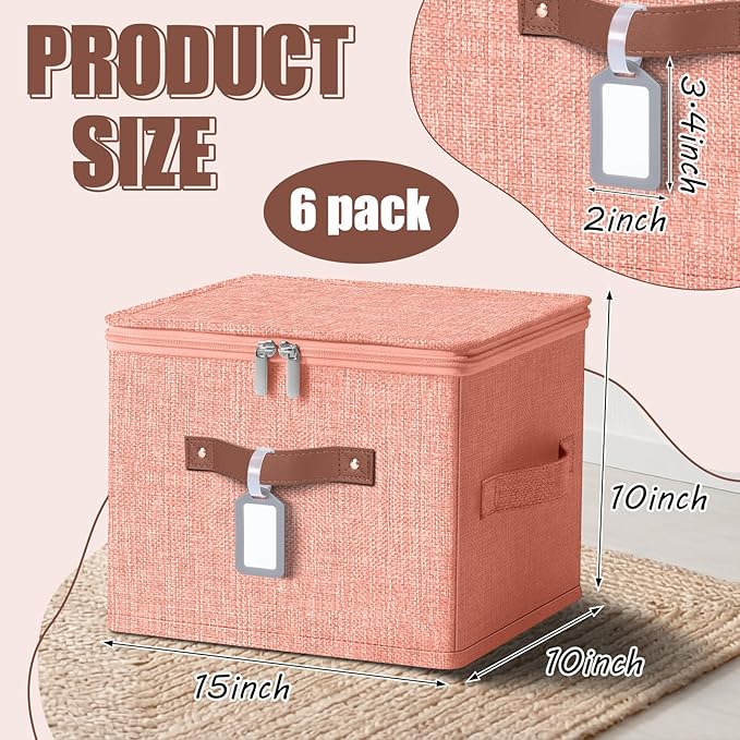 6 Pack Fabric Closet Storage Bins with Zipper Lids and Label, 10×8×7In Large Foldable Cotton Linen Storage Cubes with Leather Handles for Nursery, Pink, Purple, Blue, Green, Yellow, Orange