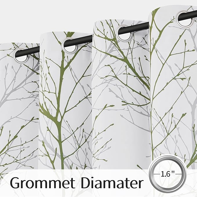 FMFUNCTEX 100% Blackout Curtains Sage Green Tree Liner Curtains for Bedroom, Branch Partterned Curtains 84 inch Length for Living Room, Room Darkening Thermal Insulated Drapes, Grommet Top 2 Panels