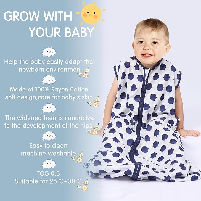 BSTOPPT 3 Pack Baby Sleep Sack 100% Rayon Cotton Baby Sleeping Bag 2-Way Zipper Toddler Wearable Blankets TOG 0.3. (Soccer&Triangles&Blue, 6-12 Months)
