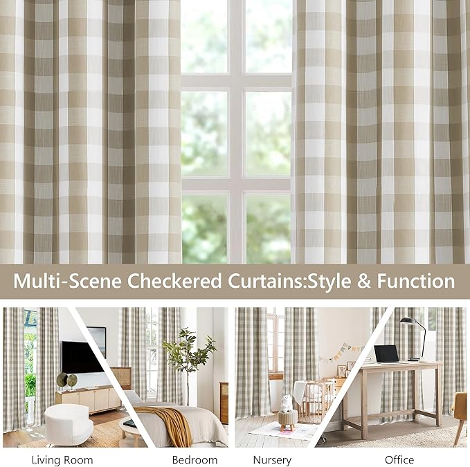 Amzdecor Buffalo Check Plaid Full Blackout Window Curtains 84 Inches Long for Bedroom Noise Reducing Total Room Darkening Grommet Drapes,Vintage Farmhouse Window Treatment,2 Panels,40"x84",Beige/White