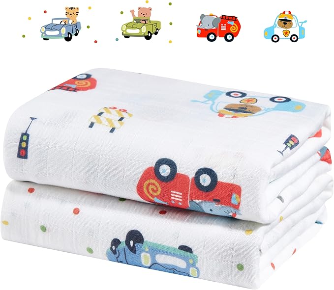 2-Pack 100% Cotton Muslin Swaddle Blankets, Large 47 x 47 Inches — Breathable Soft Receiving Blankets for Newborns, Swaddling Wraps, Baby Essentials, Registry Gift (Little Car Duo)