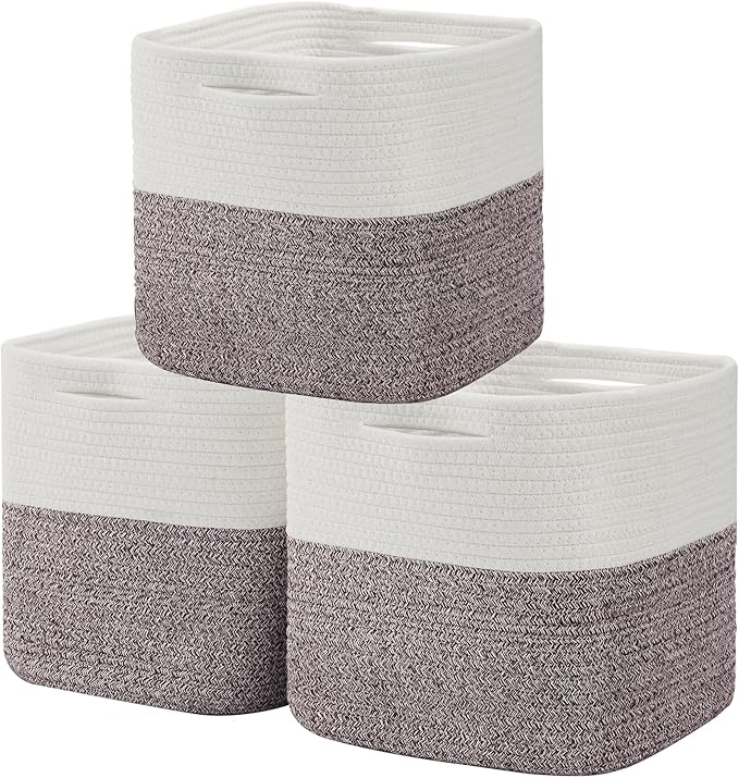 Cube Storage Bin 11" x 10.5" x 10.5" Cotton Rope Basket Square Woven Storage Basket for Shelves, Closet Organizer, Soft Towel Sock Basket, White/Brown, 3 Pack