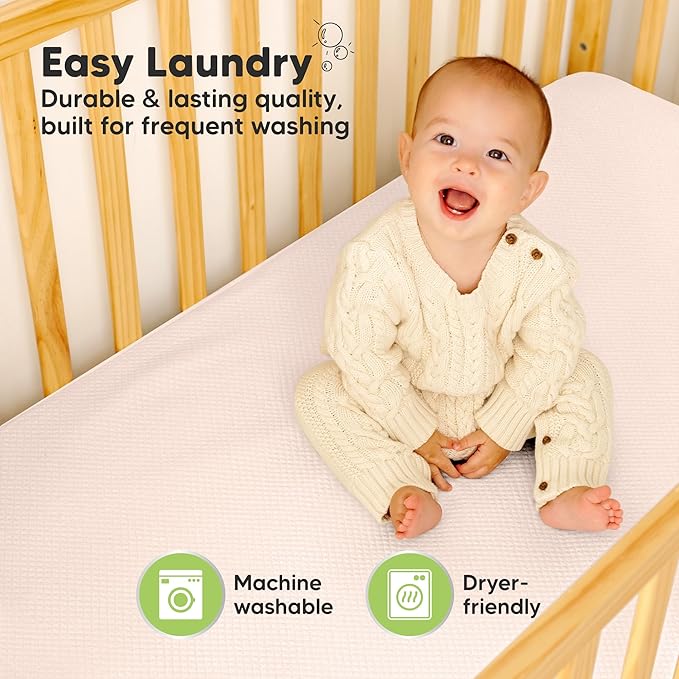2-Pack Waterproof Crib Mattress Protector Cover Fitted - Quiet Baby Crib Mattress Pad Sheets, 52" x 28" Soft Quilted Cotton Baby Sheet, Machine Washable, Easy Fit, Durable (Mist Rose/Quin)