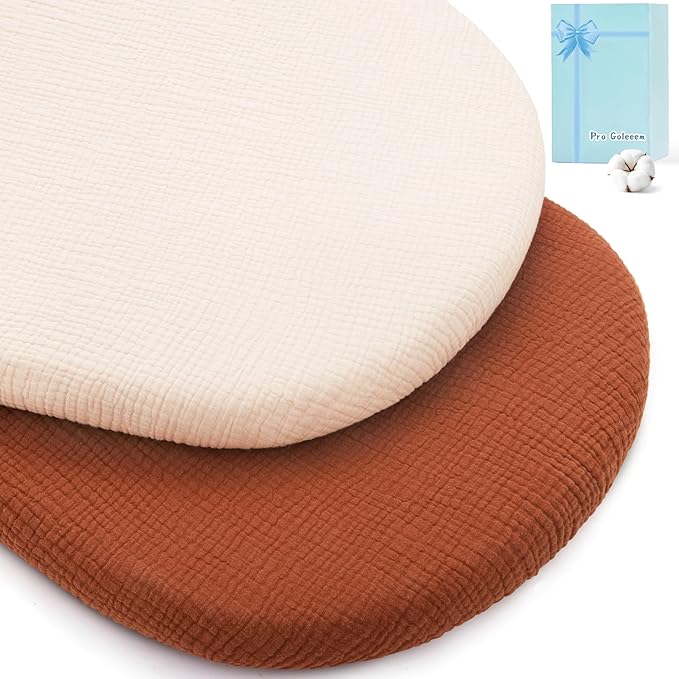 Pro Goleem Muslin Bassinet Sheets, 100% Cotton Breathable Soft Fitted Baby Pad Protector for Boys Girls, Fit Oval/Hourglass/Rectangular Bassinet Mattress, Neutral, 2 Pack (Brown＆Beige)