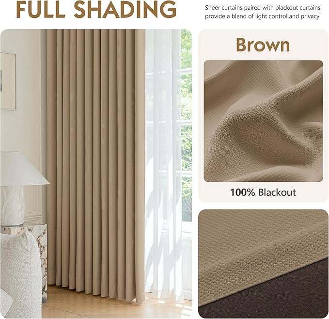 FMFUNCTEX 100% Blackout Curtains for Bedroom, Brown Back Tab Curtain 108 Inches Long Drapery Thermal Insulated Curtains for Living Room, Black Out Drapes Rod Pocket Room Darkening 2 Panels