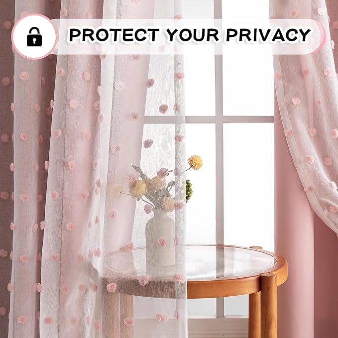 MYSKY HOME Long Curtains for Sliding Glass Door 95 Inch Long Pink Pom Pom Sheer and Blackout Curtain for Living Room Double Layer Room Darkening Window Panels for Girls Kids, Pink, 52" Wide, Set of 2