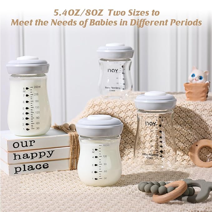 yanyoyo Glass Breastmilk Storage Bottles, 5.4oz Wide Neck Breast Milk Containers, BPA-Free, Lead-Free, Fits Breast Pumps and Nipples, 4 Pack