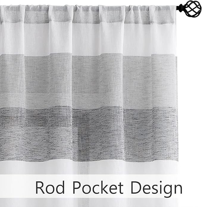 Central Park Gray Charcola Stripe Sheer Color Block Window Curtain Panel Linen Window Treatment for Bedroom Living Room Farmhouse 84 inches Long Rod Pocket, 2 Panel Rustic Drapes, 40"x84"x2