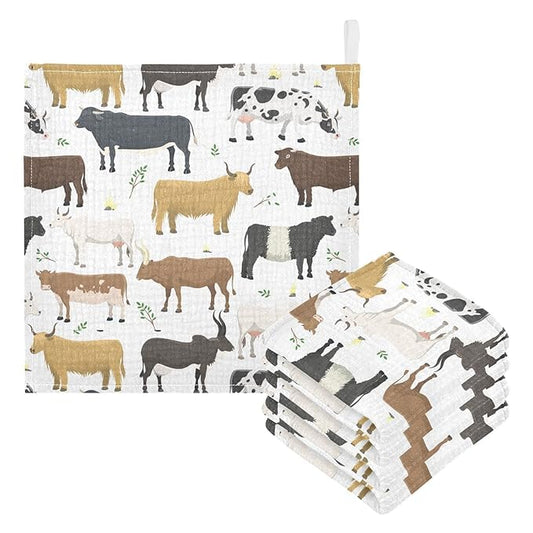 Baby Washcloths Cotton Bulls Cows Cattle Baby Muslin Washcloths Soft Baby Face Towel for Newborn Infants Baby Wipes, 11.8 X 11.8 Inch, 5 Pack White