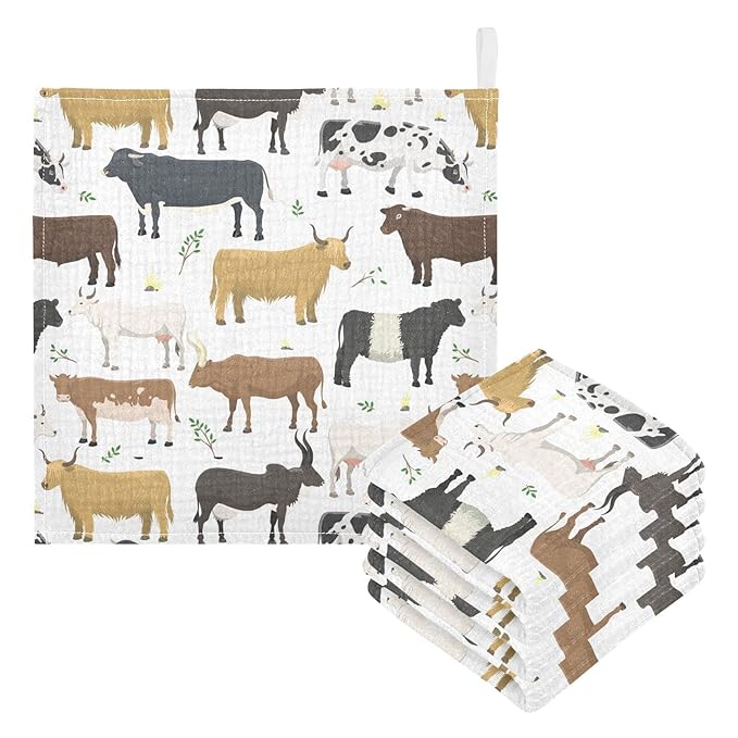 Baby Washcloths Cotton Bulls Cows Cattle Baby Muslin Washcloths Soft Baby Face Towel for Newborn Infants Baby Wipes, 11.8 X 11.8 Inch, 3 Pack White