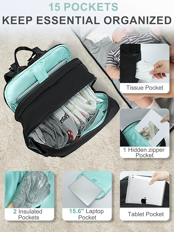 MOMINSIDE Diaper Bag Backpack - Extra Large Puffer Diaper Bag - Neoprene Diaper Bag Quilted Baby Bag for 2 Kids Boys Girls, Large Changing Pad, 15 Pockets, Black