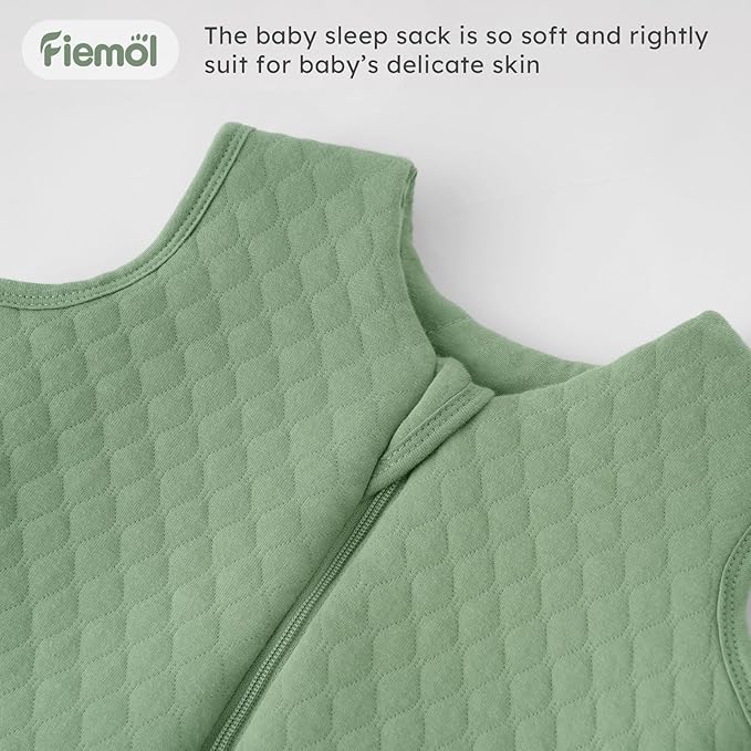 FIEMOL Baby Sleep Sack 12-18 Months 2.5 TOG, Winter Cotton Sleeping Sack Newborn and Infant, Warm Quilted Baby Wearable Blanket, Toddler Sleeping Bag with 2-Way Zipper Green 1 Pack