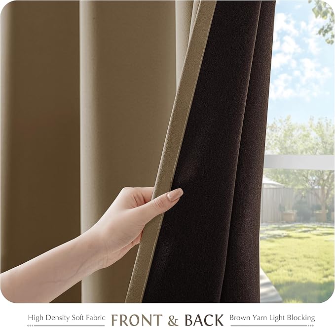 Beauoop 100% Blackout Curtains 54 Inch Long 2 Panels for Bedroom Living Room Brown Solid Room Darkening Thermal Insulated Soundproof Energy Saving Grommet Top Window Treatment Drapes,52x54, 2 Set