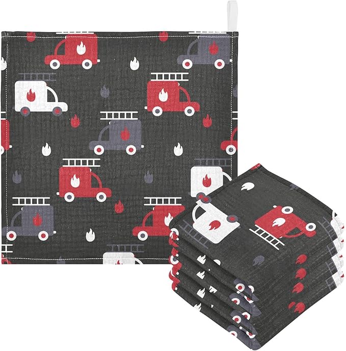 vvfelixl Firefighters Fire Trucks Baby Burp Cloths, Baby Muslin Washcloths for Boys Girls, Cotton Baby Face Towel for Newborn Infants Soft and Absorbent 11.8 X 11.8 in, 5 Pack Black