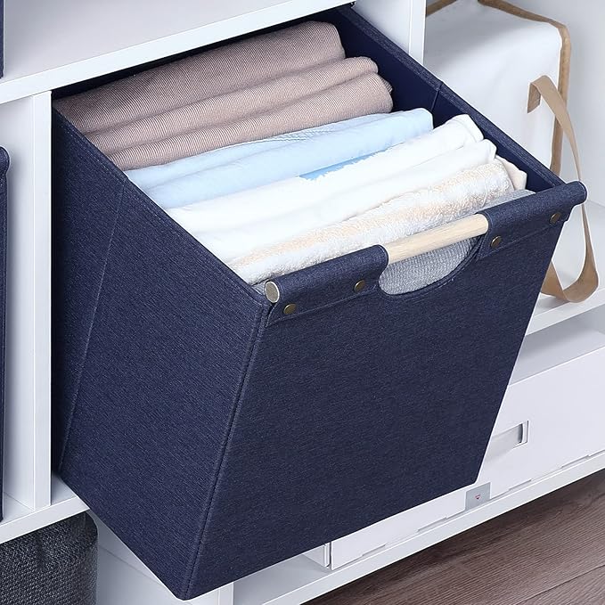 HOONEX Collapsible Storage Bins, 12x12x12in Storage Cubes Linen Fabric, 3 Pack, Storage Baskets with Wooden Carry Handles and Sturdy Heavy Cardboard, for Home, Office, Car, Nursery, Blue